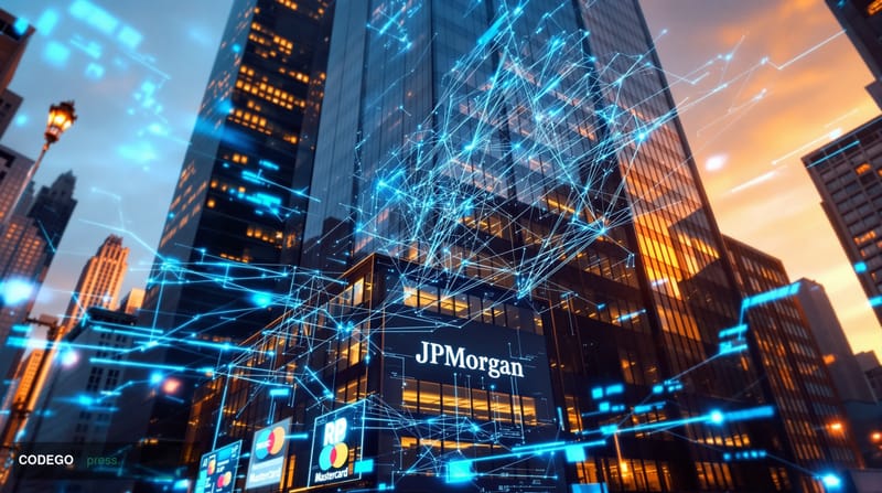 A photorealistic editorial photograph capturing the convergence of traditional banking and blockchain technology. The scene s