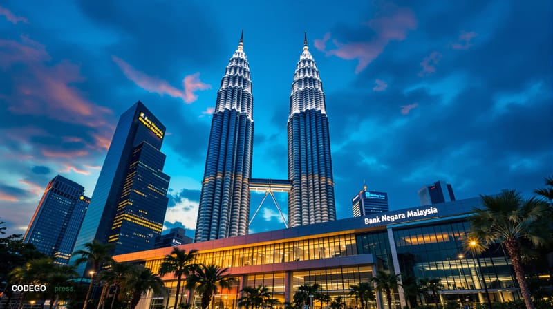 A striking photorealistic editorial photograph showcasing the modern Kuala Lumpur financial district with the iconic Petronas