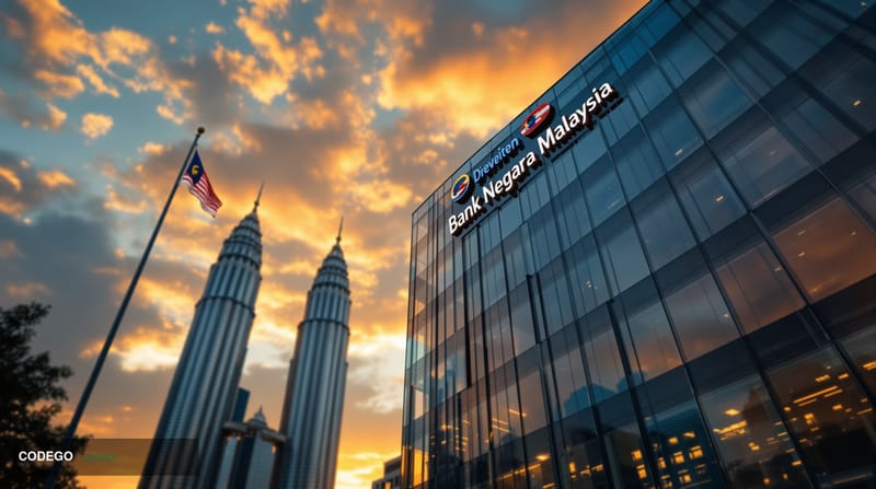 A cinematic editorial photograph capturing the modern glass-and-steel facade of Bank Negara Malaysia's headquarters in Kuala 