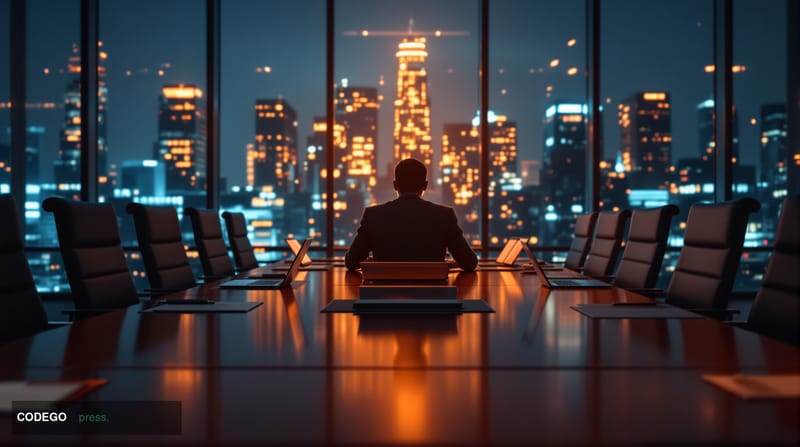 A cinematic corporate boardroom scene captured from a low angle, showing empty executive chairs around a polished mahogany co