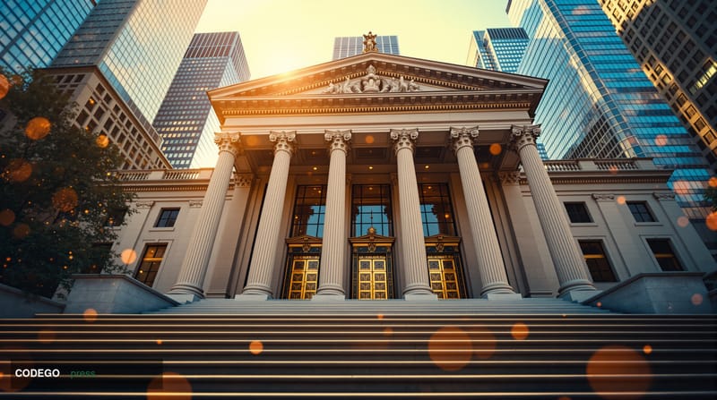 A photorealistic editorial photograph capturing the intersection of traditional judicial authority and decentralized finance.