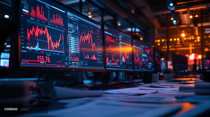 A dramatic photorealistic editorial photograph showing a modern cryptocurrency exchange office or blockchain development faci