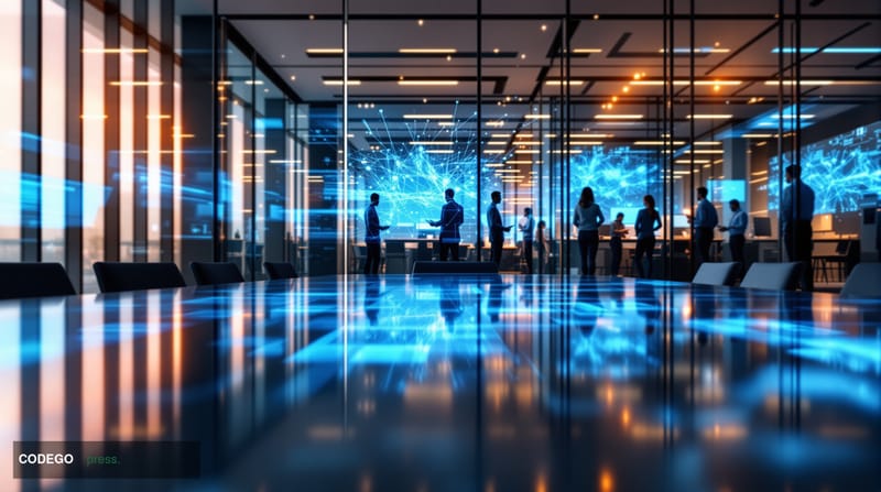 Cinematic editorial photograph of a modern fintech office space with sleek glass conference rooms and digital trading screens