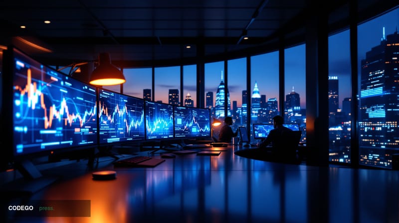 A photorealistic editorial photograph showing a sophisticated financial trading floor or market analysis center, captured in 