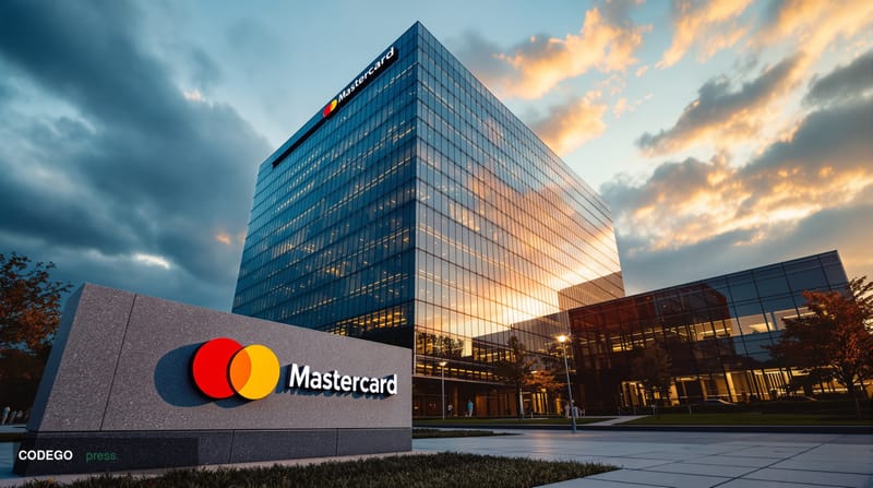 A dramatic photorealistic editorial photograph of Mastercard's global headquarters in Purchase, New York, captured during the