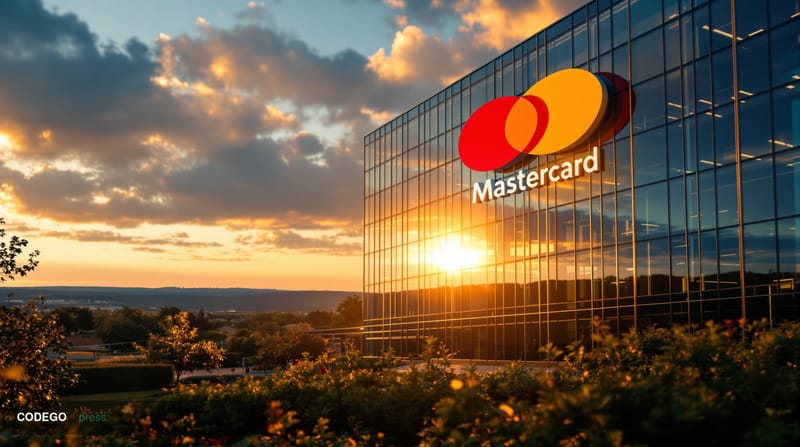 A cinematic editorial photograph of Mastercard's Purchase, New York headquarters building exterior during golden hour, with t