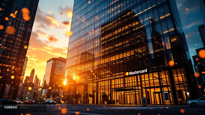 A cinematic editorial photograph showcasing Mastercard's Purchase, New York headquarters campus with its distinctive modern c