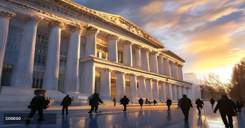 A photorealistic editorial photograph capturing the Federal Reserve's Marriner S. Eccles building in Washington DC during gol