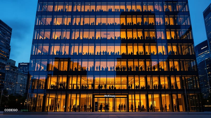 A photorealistic editorial photograph showing a modern banking headquarters building at dusk with warm interior lighting cont