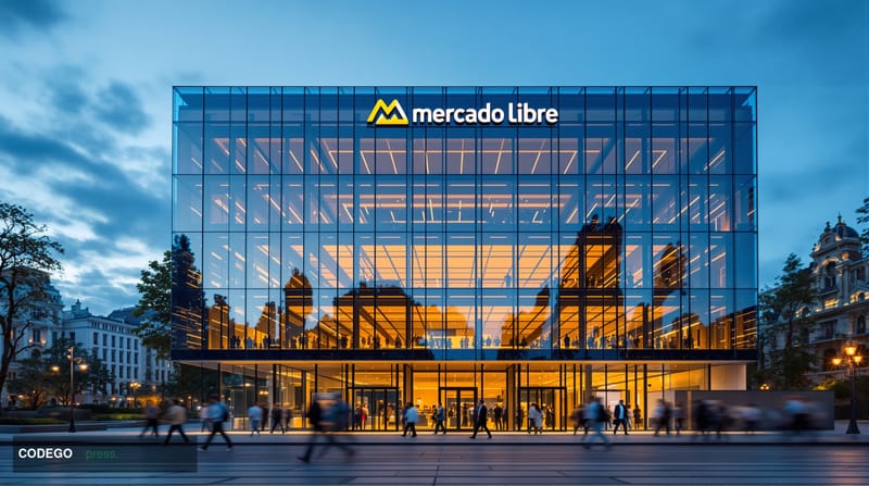 A cinematic editorial photograph of Mercado Libre's modern corporate headquarters in Buenos Aires, Argentina, captured during