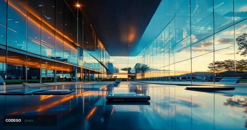 A cinematic editorial photograph showcasing Meta's Menlo Park headquarters complex with its distinctive modernist architectur