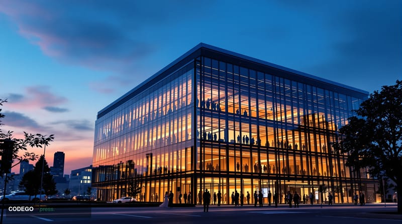 A photorealistic editorial photograph showing a modern Silicon Valley tech campus at dusk with dramatic chiaroscuro lighting.