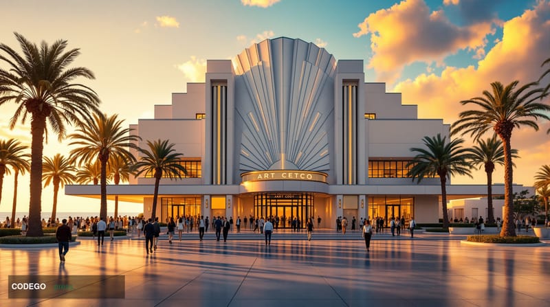 A cinematic editorial photograph of the Miami Beach Convention Center exterior during a major tech conference, with recogniza