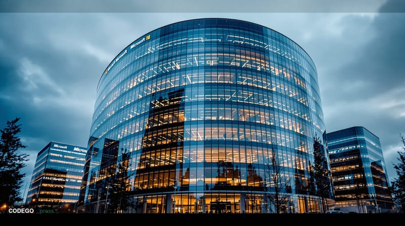 A cinematic editorial photograph capturing the Microsoft headquarters campus in Redmond, Washington, with the iconic curved g