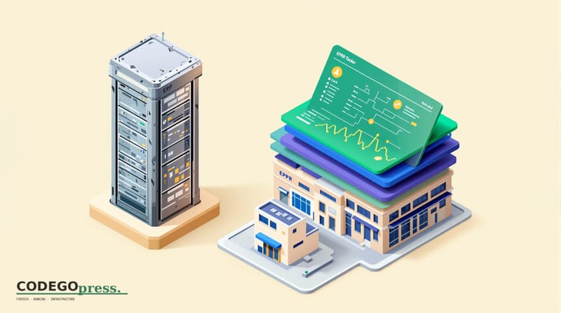 Flat 3D isometric vector editorial illustration showing: (1) a traditional ERP system represented as a large, outdated server