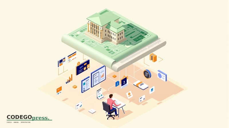 Flat 3D isometric vector editorial illustration showing a multi-level business operations hub. Primary level: a corporate cre