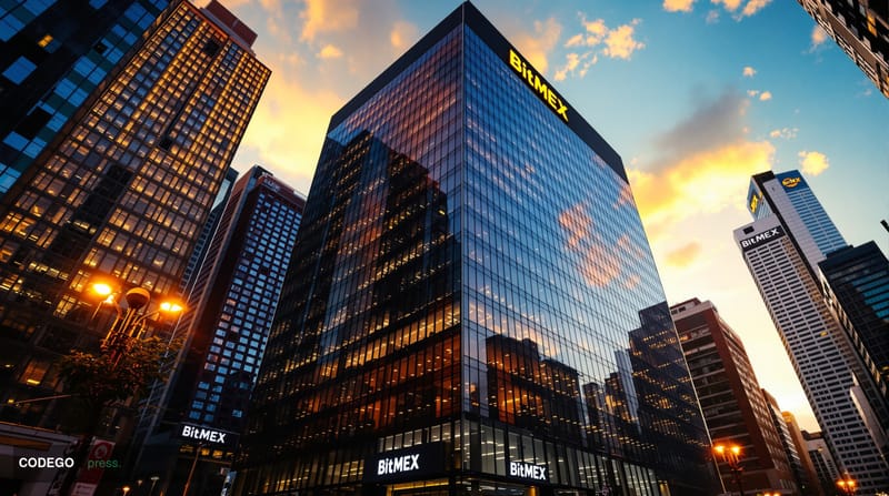 A cinematic editorial photograph showing the iconic BitMEX headquarters building in Hong Kong's financial district, with dram