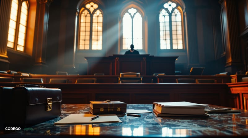 A dramatic courtroom scene captured from a low angle showing imposing mahogany judge's bench and ornate classical courthouse 
