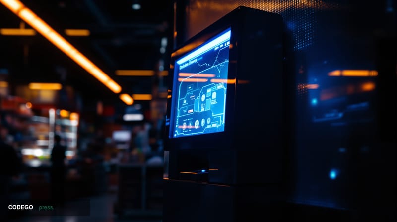 A dramatic photorealistic editorial photograph showing a cryptocurrency ATM machine in a dimly lit convenience store or gas s
