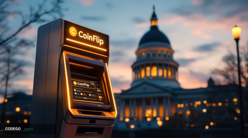 A dramatic editorial photograph of a CoinFlip cryptocurrency ATM kiosk positioned prominently in the foreground of a Missouri