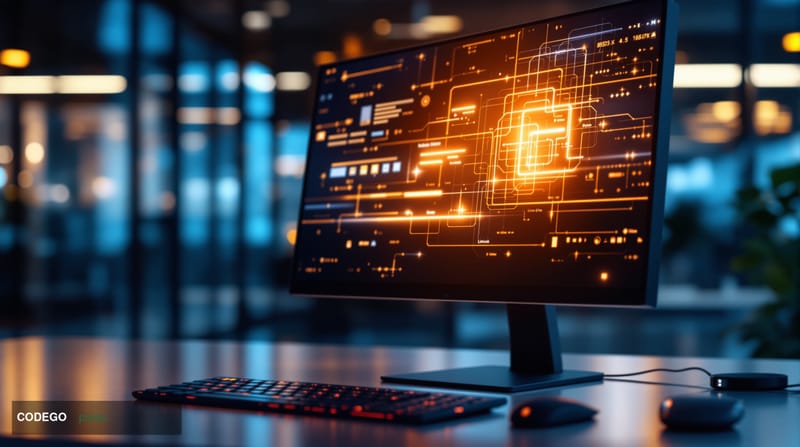 A sleek, modern computer setup photographed in cinematic editorial style showing a high-resolution monitor displaying a web b