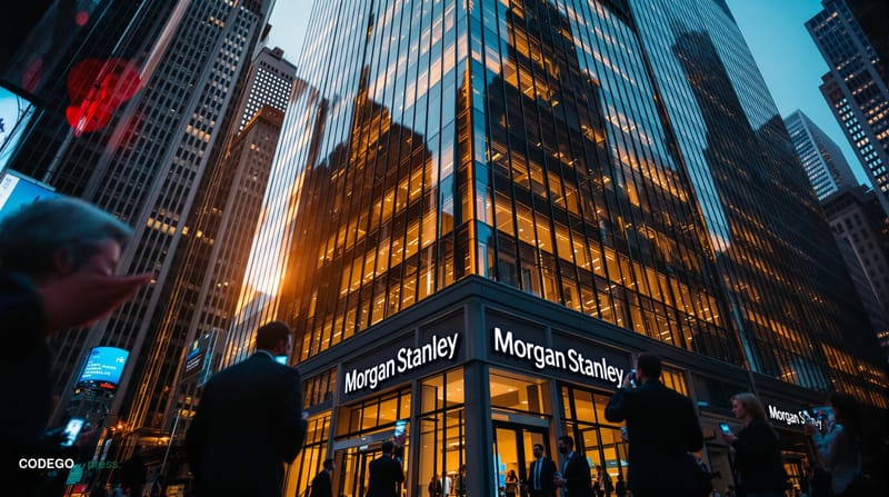 A cinematic editorial photograph showing the exterior of Morgan Stanley's iconic headquarters at 1585 Broadway in Times Squar