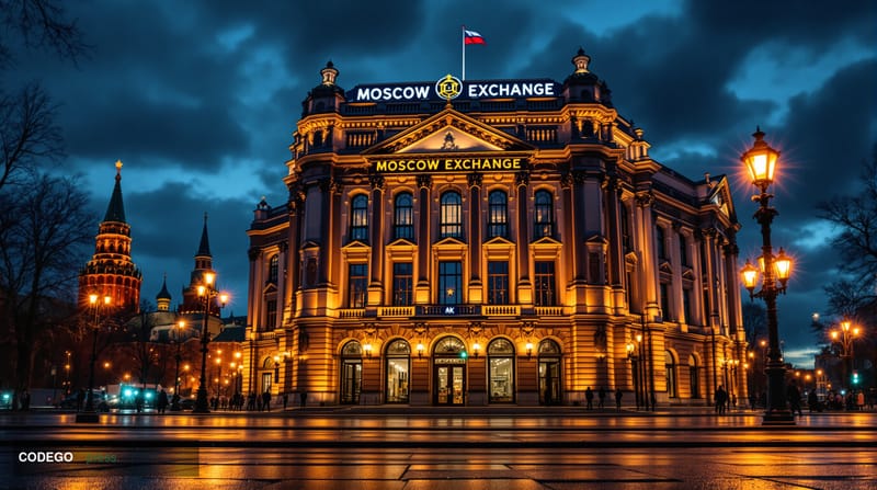 A cinematic editorial photograph of the Moscow Exchange building exterior at dusk, with its distinctive neoclassical architec