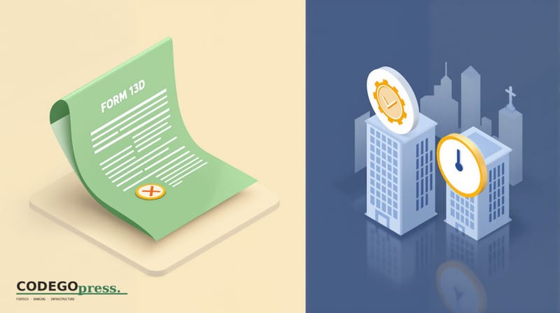 Flat 3D isometric vector editorial illustration showing a split composition: left side depicts a banking-green regulatory doc