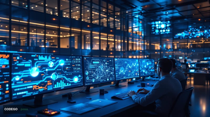 A photorealistic editorial photograph showcasing the intersection of traditional banking infrastructure and modern AI technol