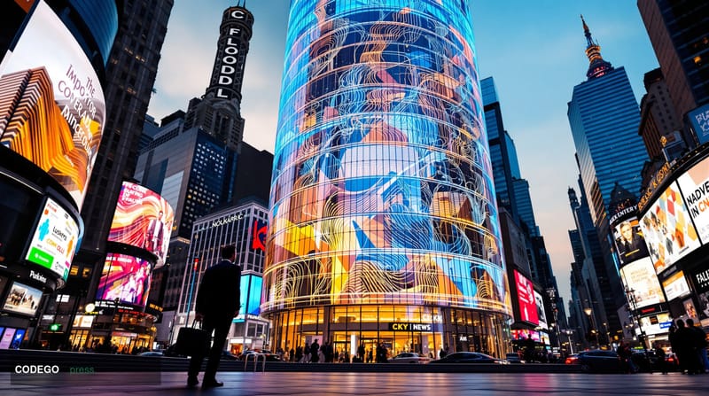 A photorealistic editorial photograph of the iconic Nasdaq MarketSite building in Times Square, New York, captured during gol