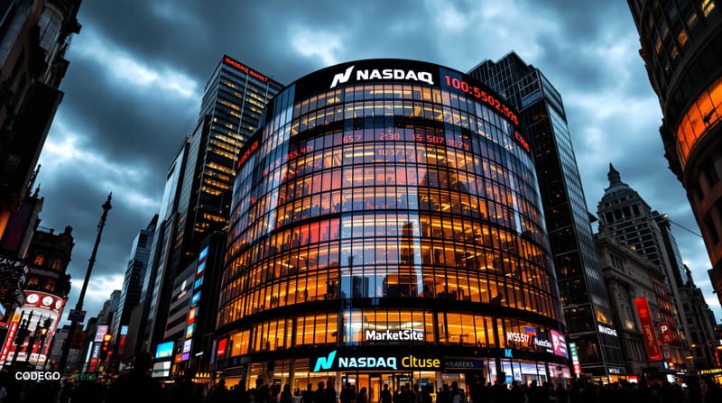 A dramatic photorealistic editorial photograph of the NASDAQ MarketSite building in Times Square, New York City, captured dur
