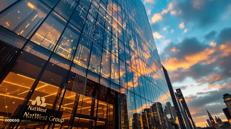 A cinematic editorial photograph capturing the modern glass and steel exterior of NatWest Group's headquarters in London's fi