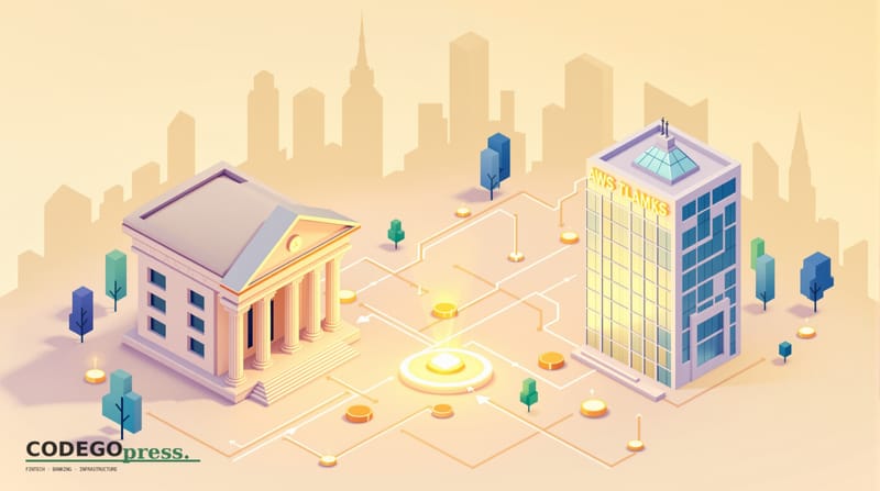 Flat 3D isometric vector editorial illustration, banking-green primary (#1A6B43), cream background, gold and navy accents, so