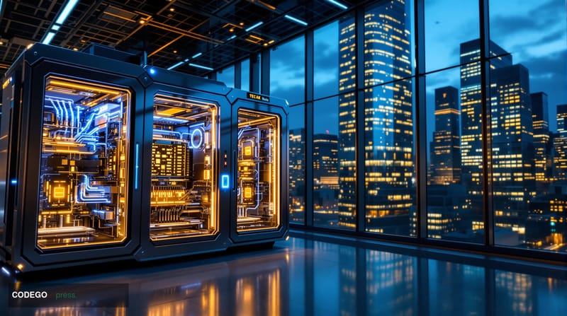 A photorealistic editorial photograph showing a futuristic quantum computer facility with sleek metallic quantum processing u