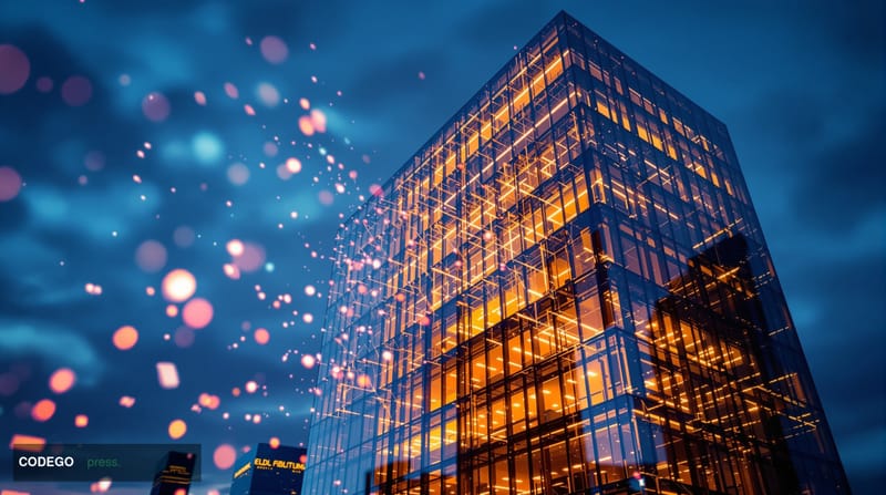 A dramatic photorealistic editorial photograph of a modern glass-facade corporate office building at dusk, representing finan