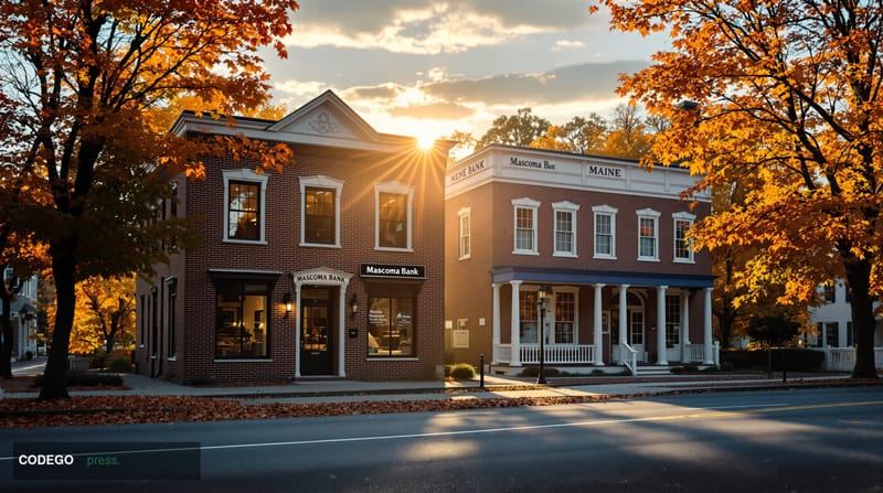 A cinematic editorial photograph capturing the essence of New England community banking consolidation, showing two distinct b