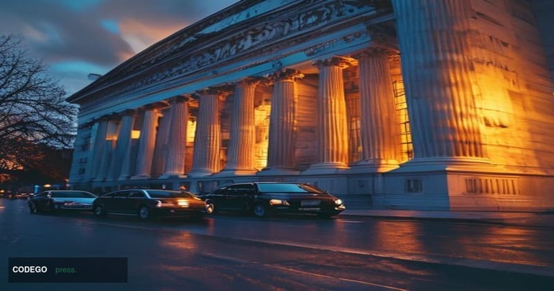 A cinematic editorial photograph showing the US Treasury Department building in Washington DC during golden hour, with dramat