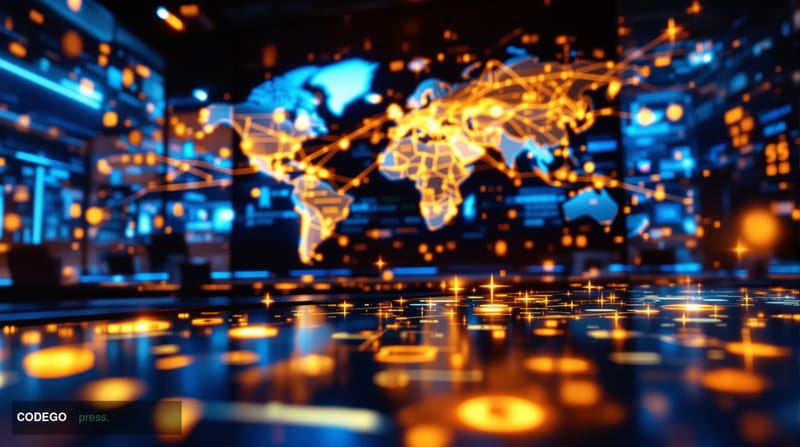 A cinematic editorial photograph showcasing the global nature of digital payment infrastructure, featuring a modern financial