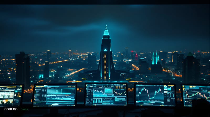 A photorealistic editorial photograph showing the Pyongyang skyline at dusk with its distinctive Ryugyong Hotel pyramid silho