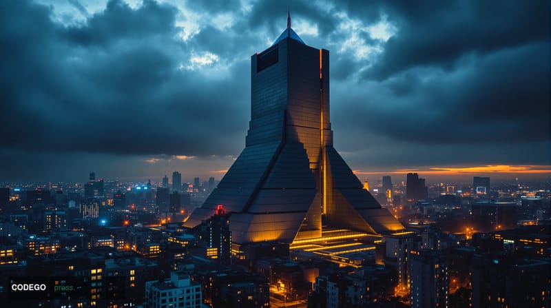 A dramatic photorealistic editorial photograph showing the imposing Ryugyong Hotel pyramid tower dominating Pyongyang's skyli