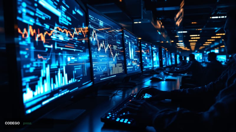 A dramatic photorealistic editorial photograph showing a darkened cyber warfare operations center with multiple computer scre