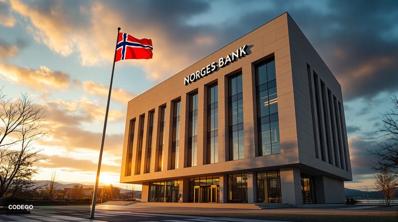A dramatic photorealistic editorial photograph of the imposing Norges Bank headquarters building in Oslo, Norway, captured du