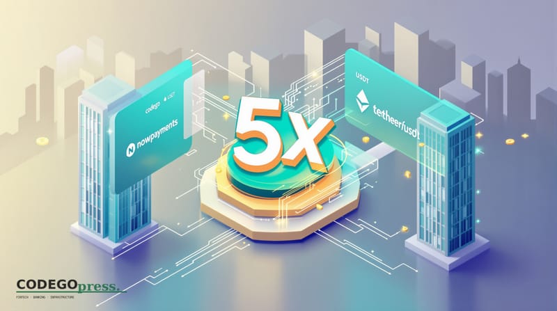 Abstract payment gateway interface with a central 5x multiplier symbol in Codego teal, NOWPayments wordmark on the left with 