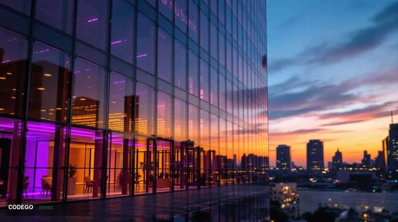 A photorealistic 8K editorial photograph showcasing Nubank's distinctive purple-branded headquarters or office building in Sã