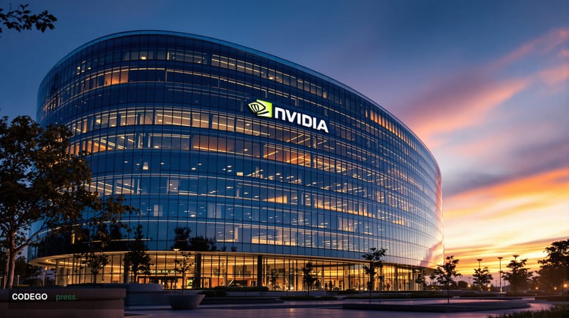 A cinematic editorial photograph of Nvidia's distinctive Santa Clara headquarters campus at golden hour, featuring the compan