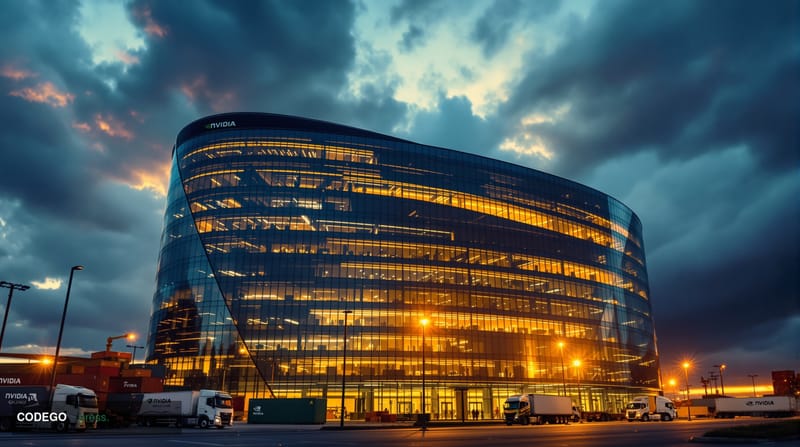 A cinematic editorial photograph showing the dramatic exterior of Nvidia's Santa Clara headquarters building at golden hour, 