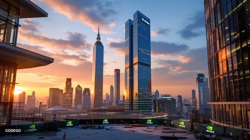 A photorealistic editorial photograph showing Nvidia's corporate presence in Taiwan's tech landscape, captured from an elevat