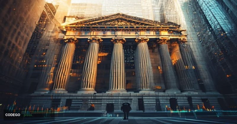 A cinematic editorial photograph of the New York Stock Exchange's iconic neoclassical facade on Wall Street, shot during gold