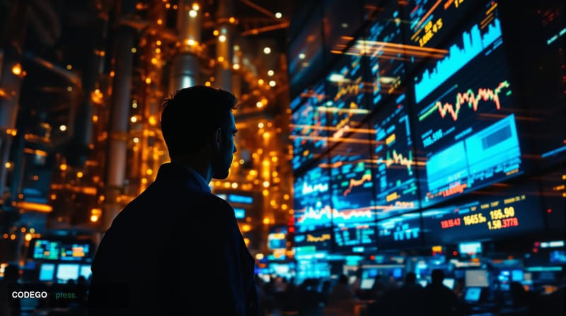 A cinematic editorial news photograph of an oil trading floor or energy commodity exchange, captured in dramatic chiaroscuro 