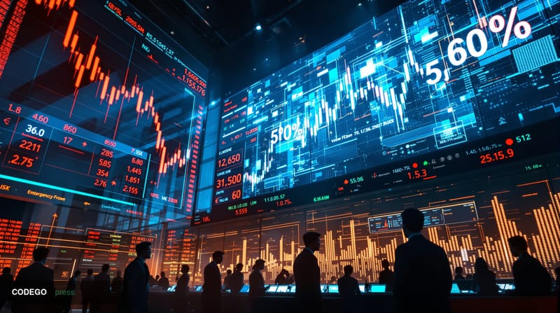 A dramatic photorealistic editorial photograph capturing the intersection of geopolitical tension and financial markets. The 